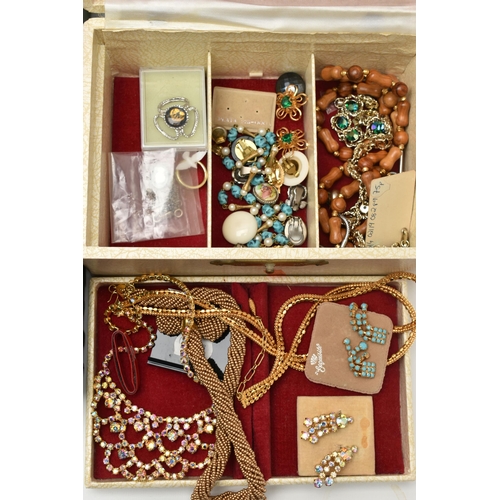 132 - TWO BOXES OF ASSORTED COSTUME JEWELLERY AND ITEMS, to include various beaded necklaces, imitation pe... 