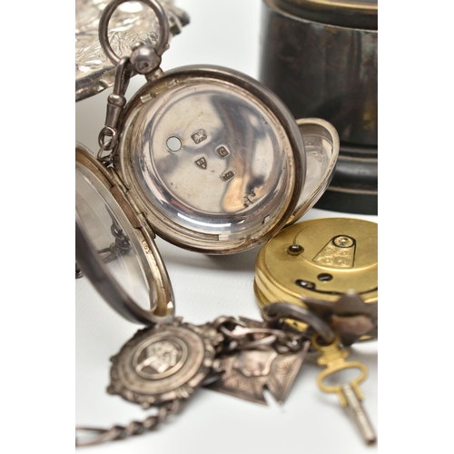 133 - A SILVER OPEN FACE POCKET WATCH, SILVER CONDIMENT AND SILVER PLATE WEAR, to include a silver open fa... 