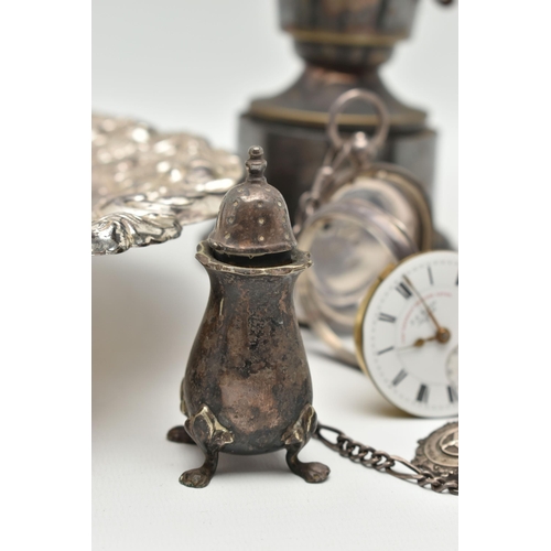 133 - A SILVER OPEN FACE POCKET WATCH, SILVER CONDIMENT AND SILVER PLATE WEAR, to include a silver open fa... 