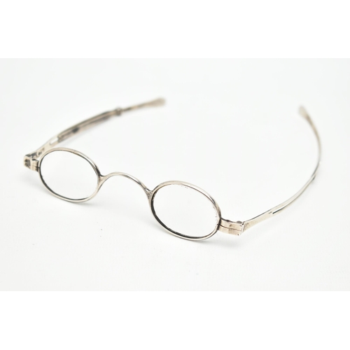 81 - A PAIR OF 19TH CENTURY SILVER FRAMED SPECTACLES, with expanding side arms, hallmarked for Edmund Tay... 