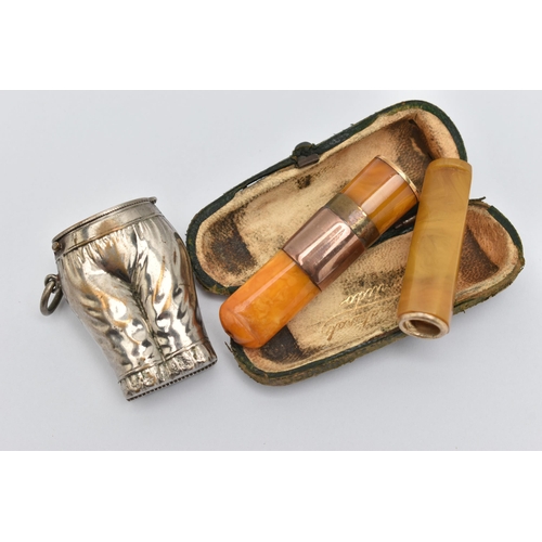 83 - TWO CHEROOTS AND A VESTA, the first an amber cheroot with a rose metal collar, together with case, t... 