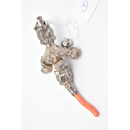 85 - A VICTORIAN BABY'S RATTLE, WHISTLE AND CORAL TEETHER, embossed with floral and foliate decoration, w... 