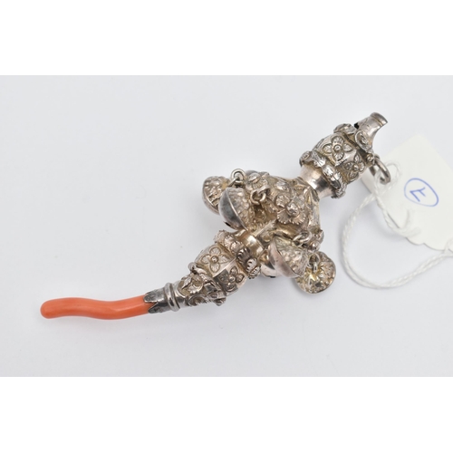 85 - A VICTORIAN BABY'S RATTLE, WHISTLE AND CORAL TEETHER, embossed with floral and foliate decoration, w... 