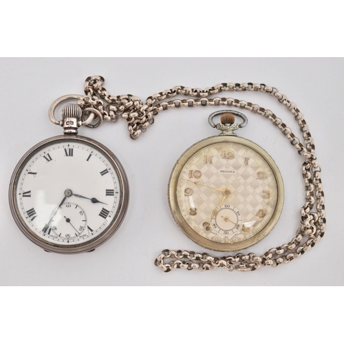 87 - TWO OPEN FACE POCKET WATCHES, the first a Medana pocket watch with Arabic numerals and subsidiary se... 