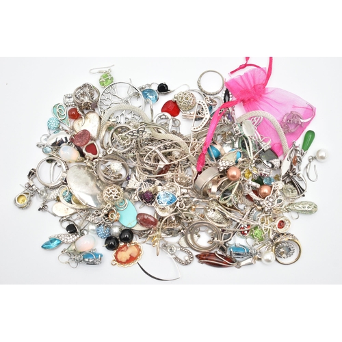 88 - A BAG OF ASSORTED JEWELLERY, to include a selection of white metal earrings, rings and chains, many ... 