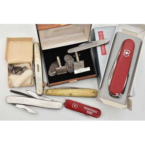 91 - A SELECTION OF PENKNIVES AND CUFFLINKS, to include six penknives including Henley, Gerlach, Victorin... 