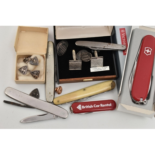 91 - A SELECTION OF PENKNIVES AND CUFFLINKS, to include six penknives including Henley, Gerlach, Victorin... 