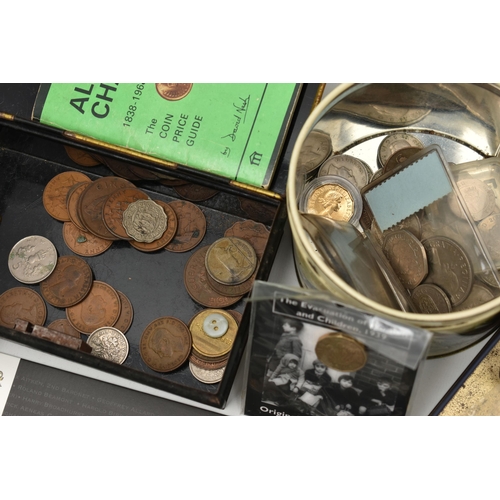 142 - A CARDBOARD BOX OF MIXED COINS, to include an undated 20P Coin, an offside explained 2011 Fifty Penc... 