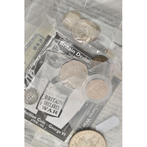 142 - A CARDBOARD BOX OF MIXED COINS, to include an undated 20P Coin, an offside explained 2011 Fifty Penc... 