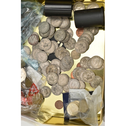 143 - A TIN OF MIXED COINS, to include approximately 490 grams of mainly UK silver content coins, a James ... 