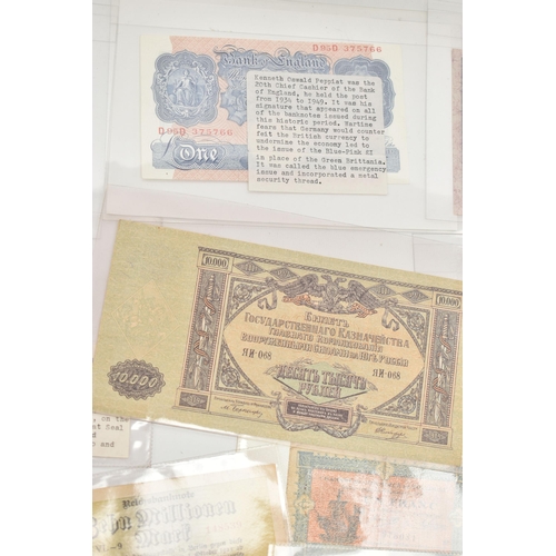 144 - A SMALL SELECTION OF WORLD BANKNOTES, to include banknotes 192-1940S a Peppiatt Blue-Pink crisp D95D... 