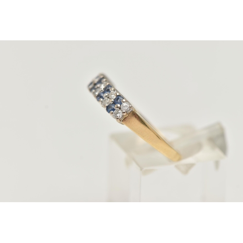 147 - A GEM SET RING, a double row of round brilliant cut diamonds and round cut blue sapphire, prong set ... 