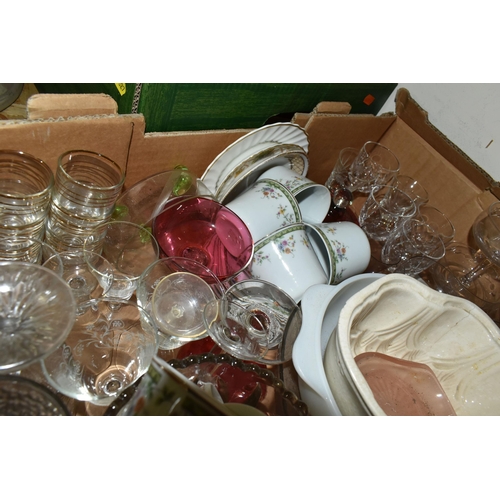 327 - THREE BOXES OF CERAMICS AND GLASSWARE, to include  a large amber glass light shade in the form of a ... 