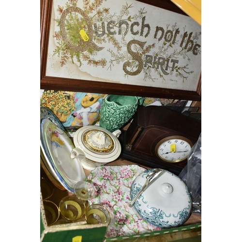 328 - ONE BOX OF CERAMICS AND SUNDRIES, to include two silver brooches and a white metal bracelet, a bag o... 