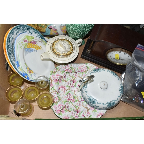 328 - ONE BOX OF CERAMICS AND SUNDRIES, to include two silver brooches and a white metal bracelet, a bag o... 