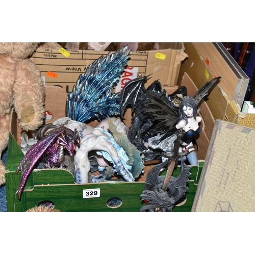 329 - THREE BOXES OF MISCELLANEOUS SUNDRIES, to include four Nemesis Now mythical figurines, three Alator ... 