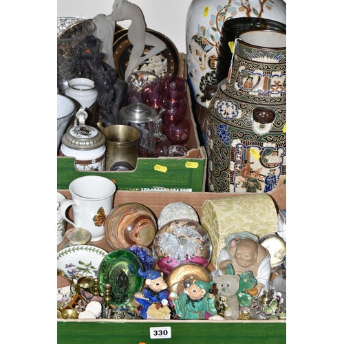 330 - TWO BOXES OF CERAMICS, GLASS AND VASES, to include ten glass paperweights, five pieces of Portmeirio... 