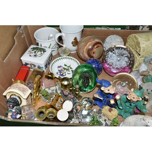 330 - TWO BOXES OF CERAMICS, GLASS AND VASES, to include ten glass paperweights, five pieces of Portmeirio... 