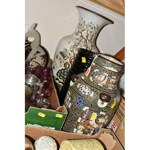 330 - TWO BOXES OF CERAMICS, GLASS AND VASES, to include ten glass paperweights, five pieces of Portmeirio... 