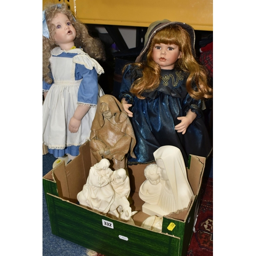 332 - TWO SUITCASES AND ONE BOX OF PORCELAIN COLLECTABLE DOLLS, a large quantity of collectable porcelain ... 