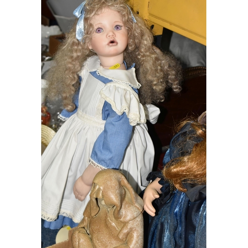 332 - TWO SUITCASES AND ONE BOX OF PORCELAIN COLLECTABLE DOLLS, a large quantity of collectable porcelain ... 