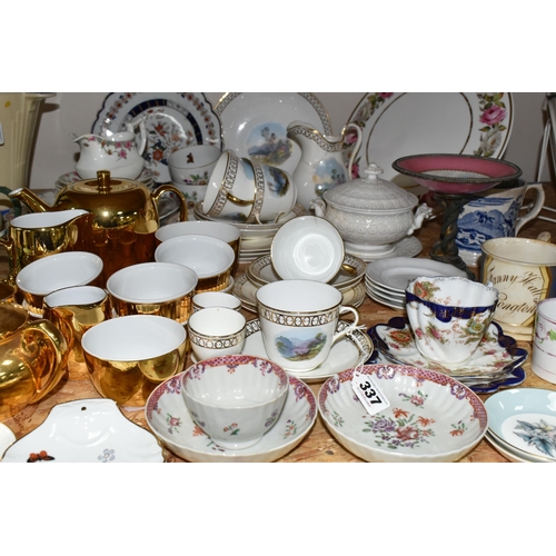 337 - A GROUP OF TEAWARE, to include an Aynsley part tea set painted with landscapes, impressed marks to b... 