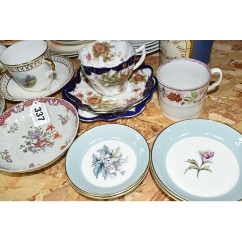 337 - A GROUP OF TEAWARE, to include an Aynsley part tea set painted with landscapes, impressed marks to b... 