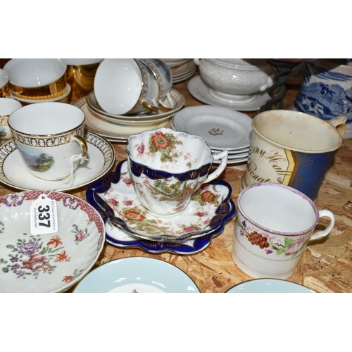 337 - A GROUP OF TEAWARE, to include an Aynsley part tea set painted with landscapes, impressed marks to b... 