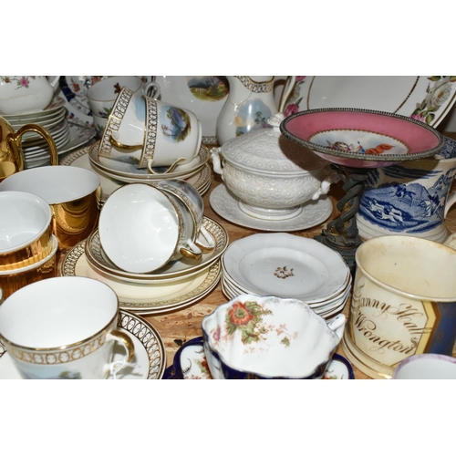 337 - A GROUP OF TEAWARE, to include an Aynsley part tea set painted with landscapes, impressed marks to b... 