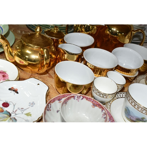 337 - A GROUP OF TEAWARE, to include an Aynsley part tea set painted with landscapes, impressed marks to b... 