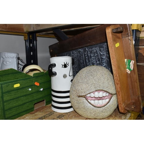 339 - THREE BOXES AND LOOSE CERAMICS, CHALKBOARD AND MISCELLANEOUS ITEMS, to include a TG Green Cornish Wa... 