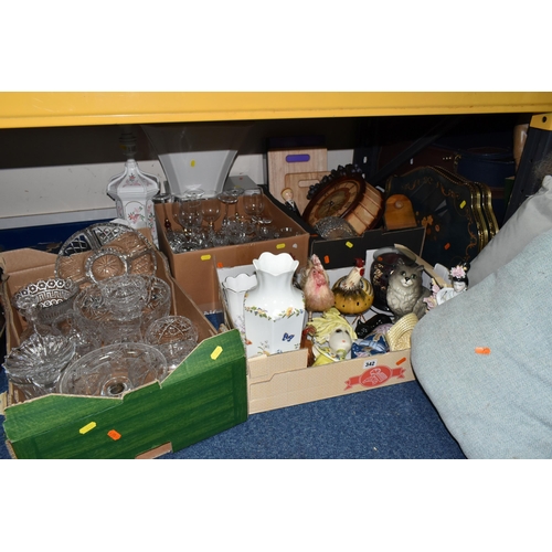 342 - FOUR BOXES AND LOOSE CERAMICS, GLASS AND SUNDRY ITEMS, to include a grey Beswick cat no 1867 (repair... 