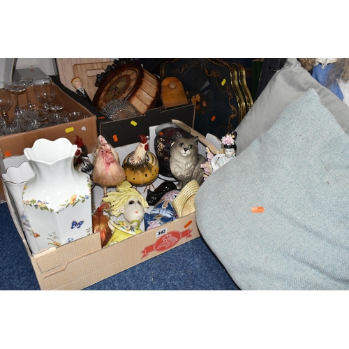 342 - FOUR BOXES AND LOOSE CERAMICS, GLASS AND SUNDRY ITEMS, to include a grey Beswick cat no 1867 (repair... 