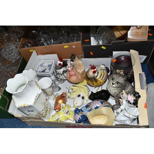 342 - FOUR BOXES AND LOOSE CERAMICS, GLASS AND SUNDRY ITEMS, to include a grey Beswick cat no 1867 (repair... 