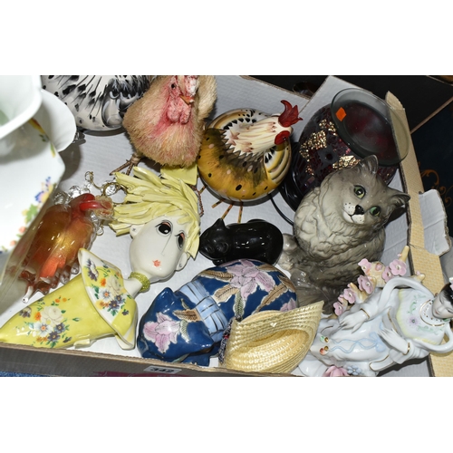 342 - FOUR BOXES AND LOOSE CERAMICS, GLASS AND SUNDRY ITEMS, to include a grey Beswick cat no 1867 (repair... 