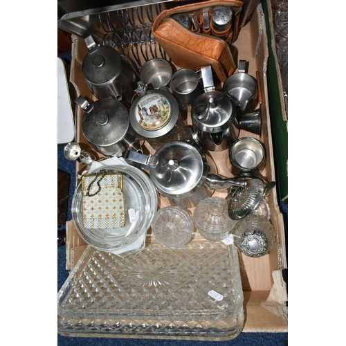 343 - A BOX OF GLASS AND METALWARES, to include a glass inkwell with silver cover and mount, indistinct ha... 