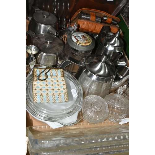 343 - A BOX OF GLASS AND METALWARES, to include a glass inkwell with silver cover and mount, indistinct ha... 