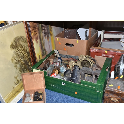 344 - TWO BOXES, A TRUNK AND LOOSE METAL WARES, PICTURES, CRAFT SUPPLIES AND SUNDRY ITEMS, to include a re... 