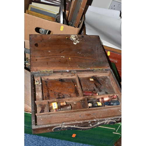 344 - TWO BOXES, A TRUNK AND LOOSE METAL WARES, PICTURES, CRAFT SUPPLIES AND SUNDRY ITEMS, to include a re... 