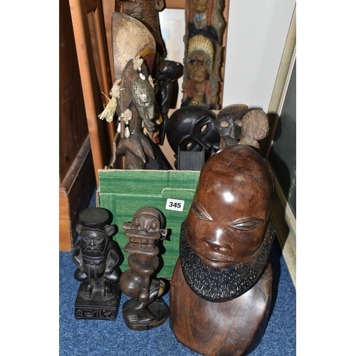 345 - A QUANTITY OF TRIBAL FIGURES, tourist souvenirs, to include a large heavy hard wood bust, and anothe... 