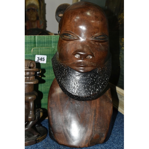 345 - A QUANTITY OF TRIBAL FIGURES, tourist souvenirs, to include a large heavy hard wood bust, and anothe... 