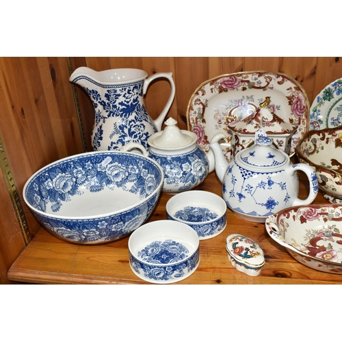 348 - A GROUP OF MASON'S IRONSTONE, comprising a large 'Blue Batik' pattern pitcher, a teapot, large fruit... 