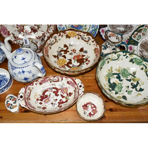 348 - A GROUP OF MASON'S IRONSTONE, comprising a large 'Blue Batik' pattern pitcher, a teapot, large fruit... 