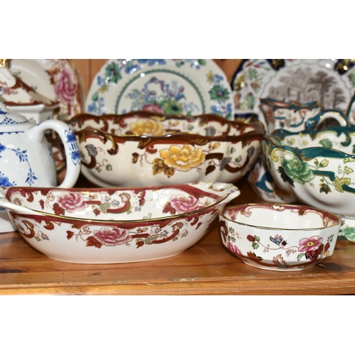 348 - A GROUP OF MASON'S IRONSTONE, comprising a large 'Blue Batik' pattern pitcher, a teapot, large fruit... 