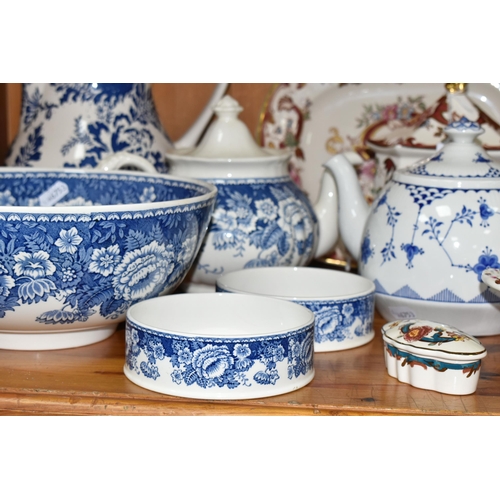 348 - A GROUP OF MASON'S IRONSTONE, comprising a large 'Blue Batik' pattern pitcher, a teapot, large fruit... 