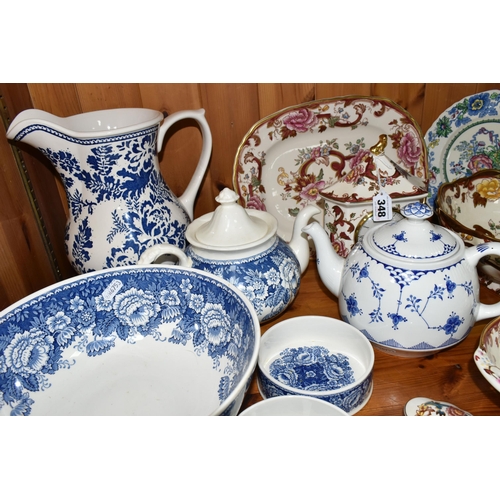 348 - A GROUP OF MASON'S IRONSTONE, comprising a large 'Blue Batik' pattern pitcher, a teapot, large fruit... 