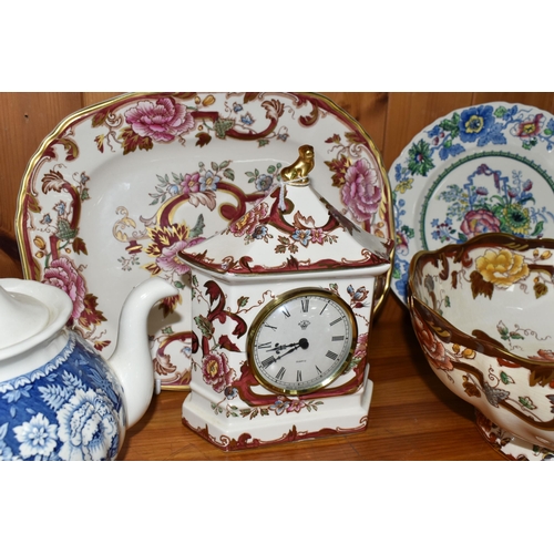 348 - A GROUP OF MASON'S IRONSTONE, comprising a large 'Blue Batik' pattern pitcher, a teapot, large fruit... 