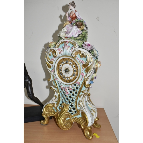 350 - A LARGE FIGURAL PORCELAIN MANTEL CLOCK, Capodimonte, height 45.5cm battery operated, decorated with ... 