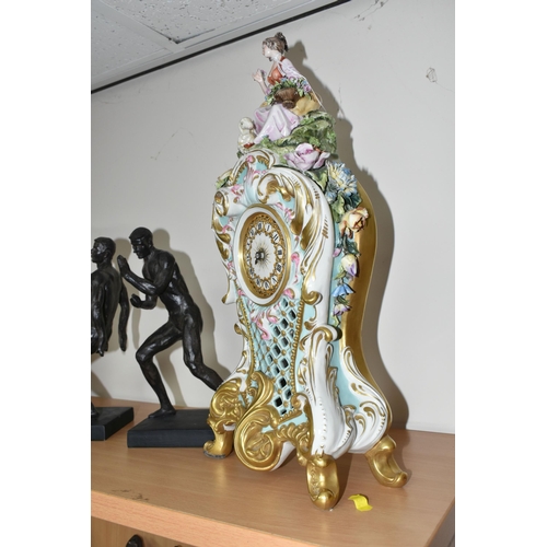 350 - A LARGE FIGURAL PORCELAIN MANTEL CLOCK, Capodimonte, height 45.5cm battery operated, decorated with ... 