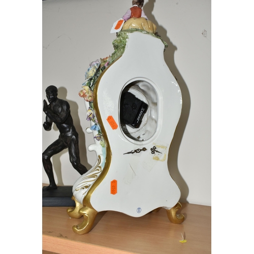 350 - A LARGE FIGURAL PORCELAIN MANTEL CLOCK, Capodimonte, height 45.5cm battery operated, decorated with ... 